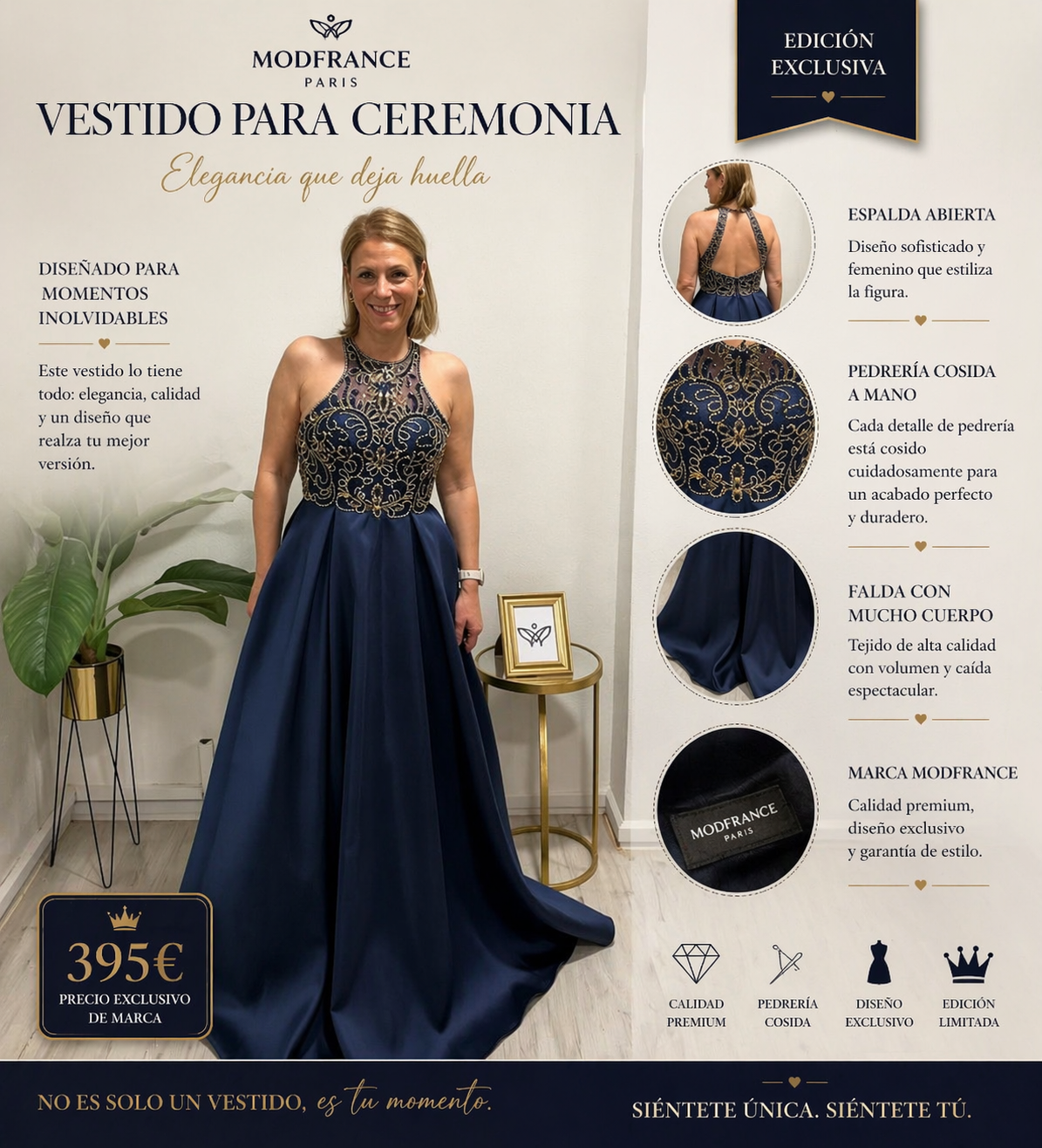 Vestido ceremonia ModFrance azul con pedrería