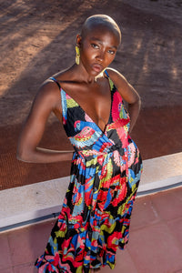 Vestido largo estampado satinado tropical multicolor