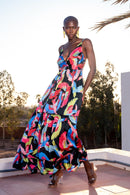 Vestido largo estampado satinado tropical multicolor