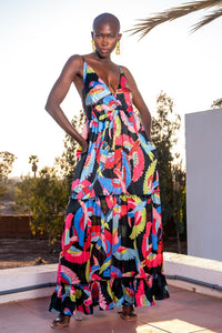 Vestido largo estampado satinado tropical multicolor