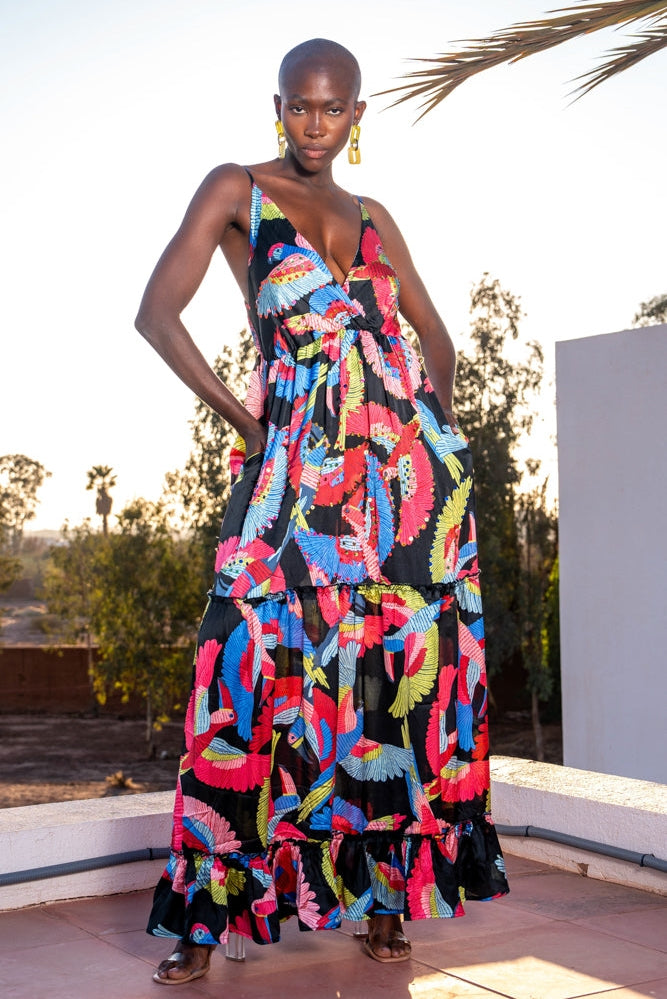 Vestido largo estampado satinado tropical multicolor