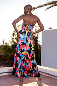Vestido largo estampado satinado tropical multicolor