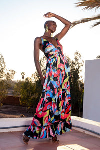 Vestido largo estampado satinado tropical multicolor