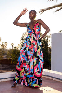 Vestido largo estampado satinado tropical multicolor
