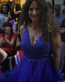 Vestido largo azulón con tul y brillo