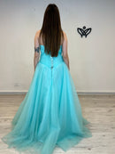 Vestido fiesta largo tul princesa con can can verde agua