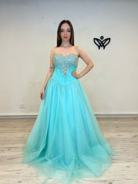 Vestido fiesta largo tul princesa con can can verde agua