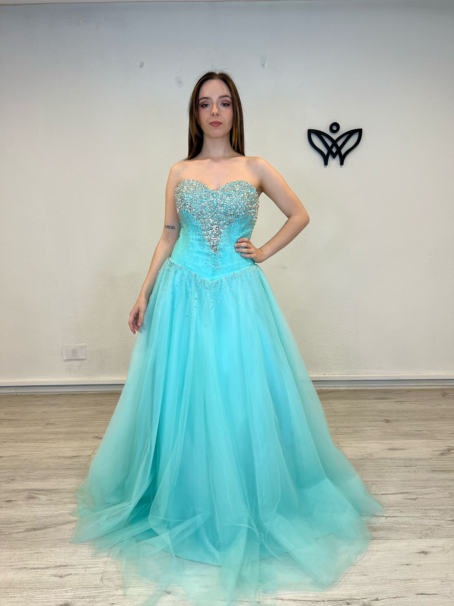 Vestido fiesta largo tul princesa con can can verde agua