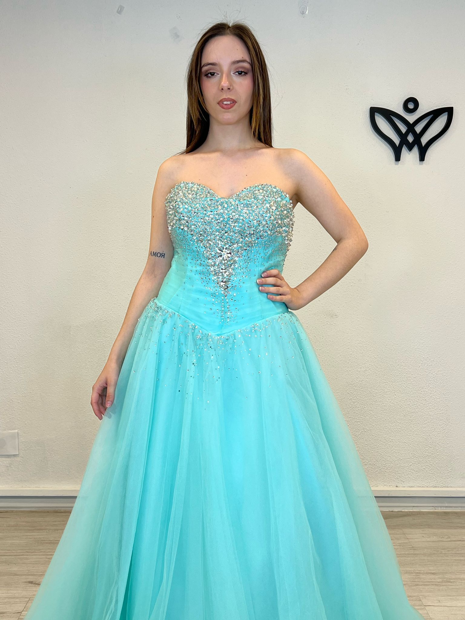 Vestido fiesta largo tul princesa con can can verde agua