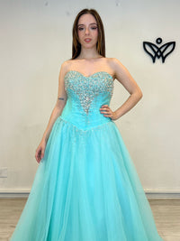 Vestido fiesta largo tul princesa con can can verde agua