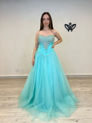 Vestido fiesta largo tul princesa con can can verde agua
