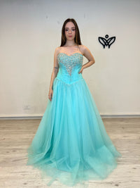 Vestido fiesta largo tul princesa con can can verde agua