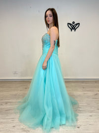 Vestido fiesta largo tul princesa con can can verde agua