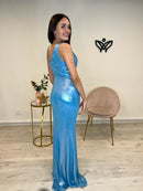 Vestido fiesta largo abertura y brillo plata azul