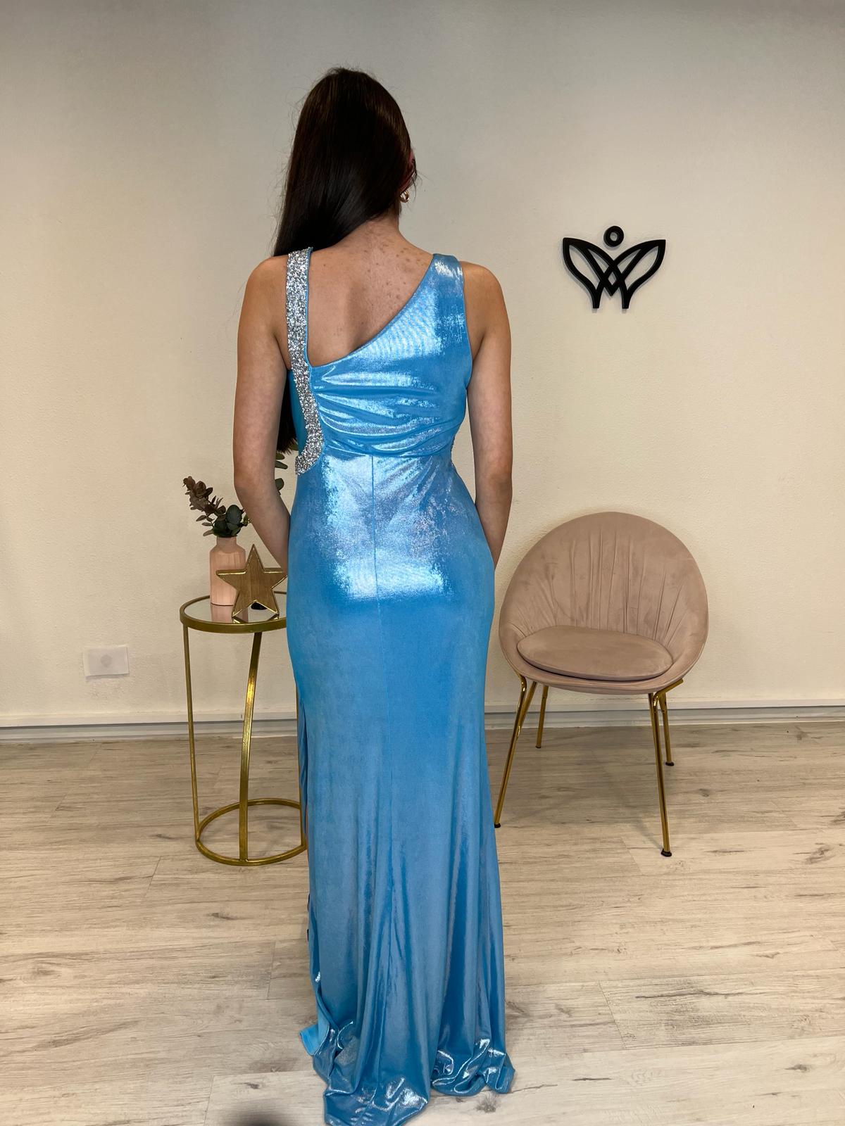 Vestido fiesta largo abertura y brillo plata azul
