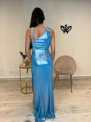 Vestido fiesta largo abertura y brillo plata azul