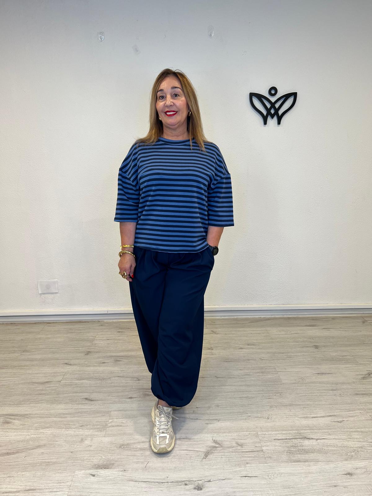 Sudadera Azul de Rayas con Manga Tres Cuartos