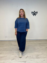 Sudadera Azul de Rayas con Manga Tres Cuartos