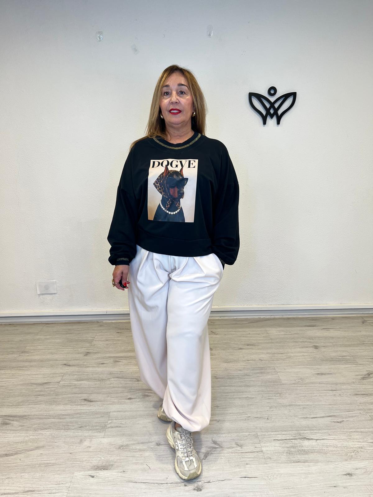 Sudadera Negra de Algodón con Estampado de Perro y Detalles Dorados