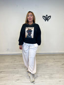 Sudadera Negra de Algodón con Estampado de Perro y Detalles Dorados