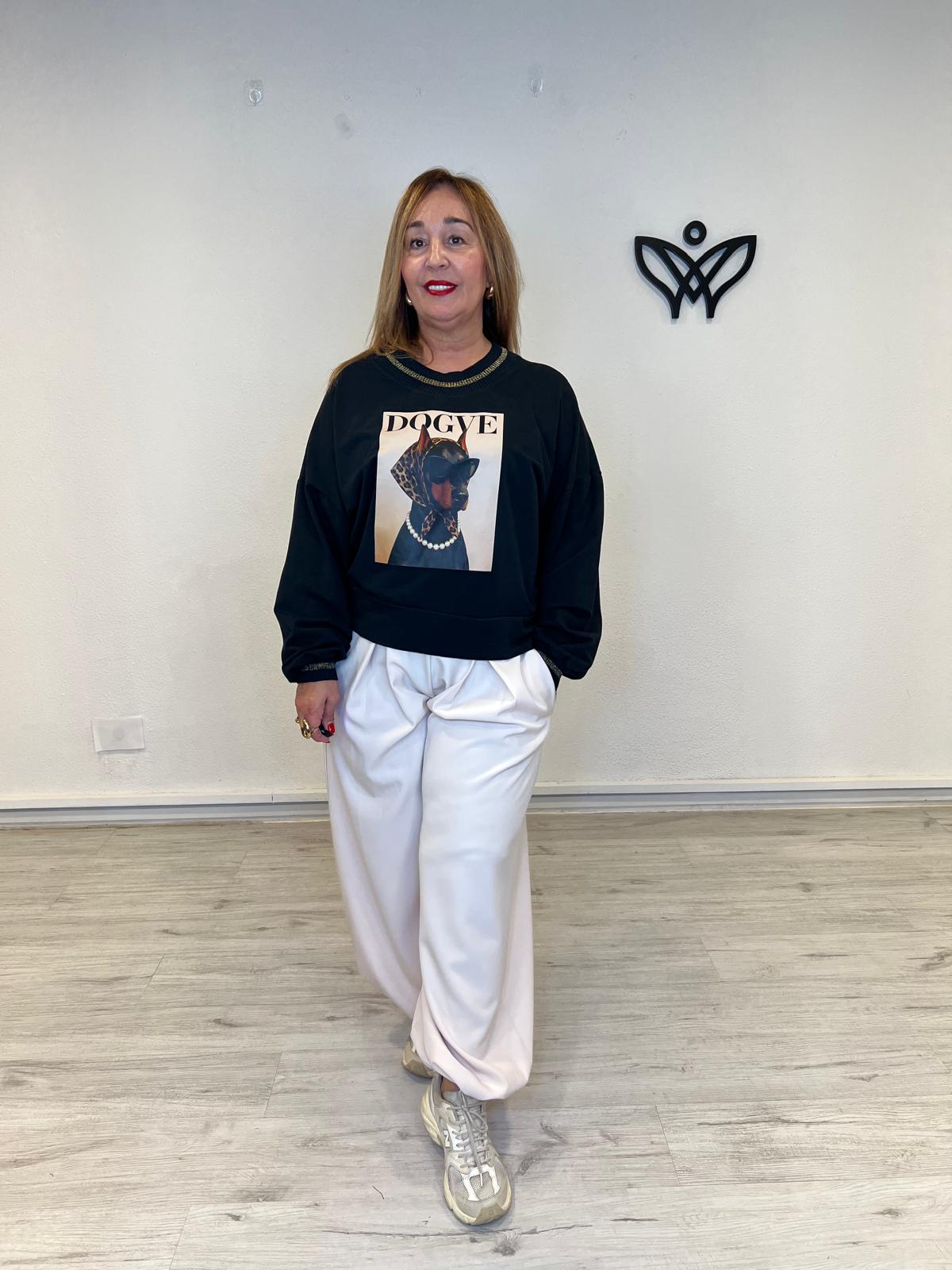 Sudadera Negra de Algodón con Estampado de Perro y Detalles Dorados
