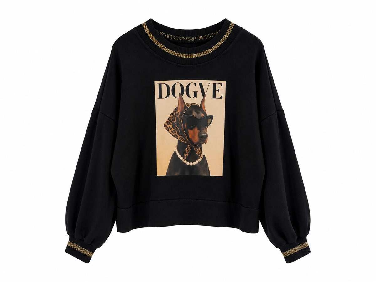 Sudadera Negra de Algodón con Estampado de Perro y Detalles Dorados