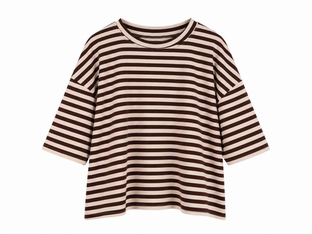 Sudadera de rayas beige y marrón de manga tres cuartos