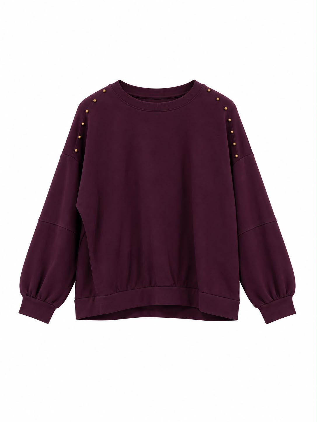 Sudadera de algodón berenjena con cuello redondo y tachuelas