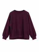 Sudadera de algodón berenjena con cuello redondo y tachuelas