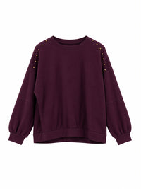 Sudadera de algodón berenjena con cuello redondo y tachuelas