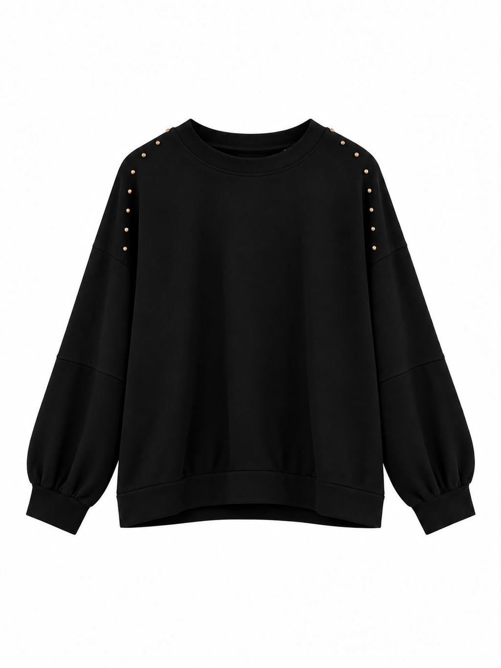 Sudadera de mujer negra con cuello redondo y tachuelas doradas