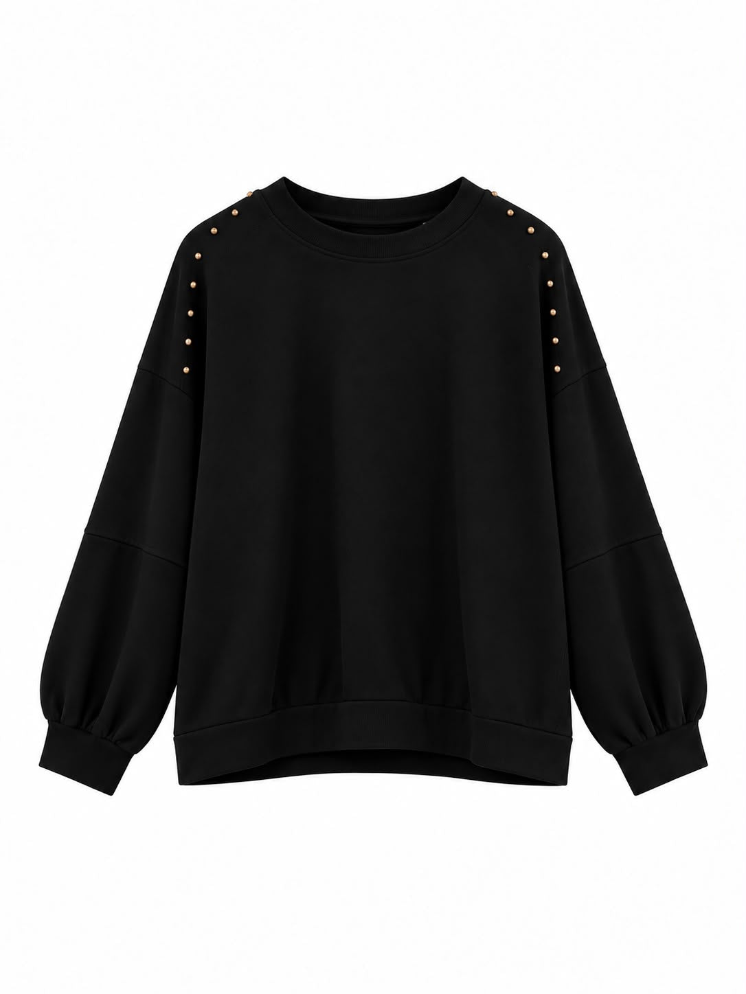 Sudadera de mujer negra con cuello redondo y tachuelas doradas