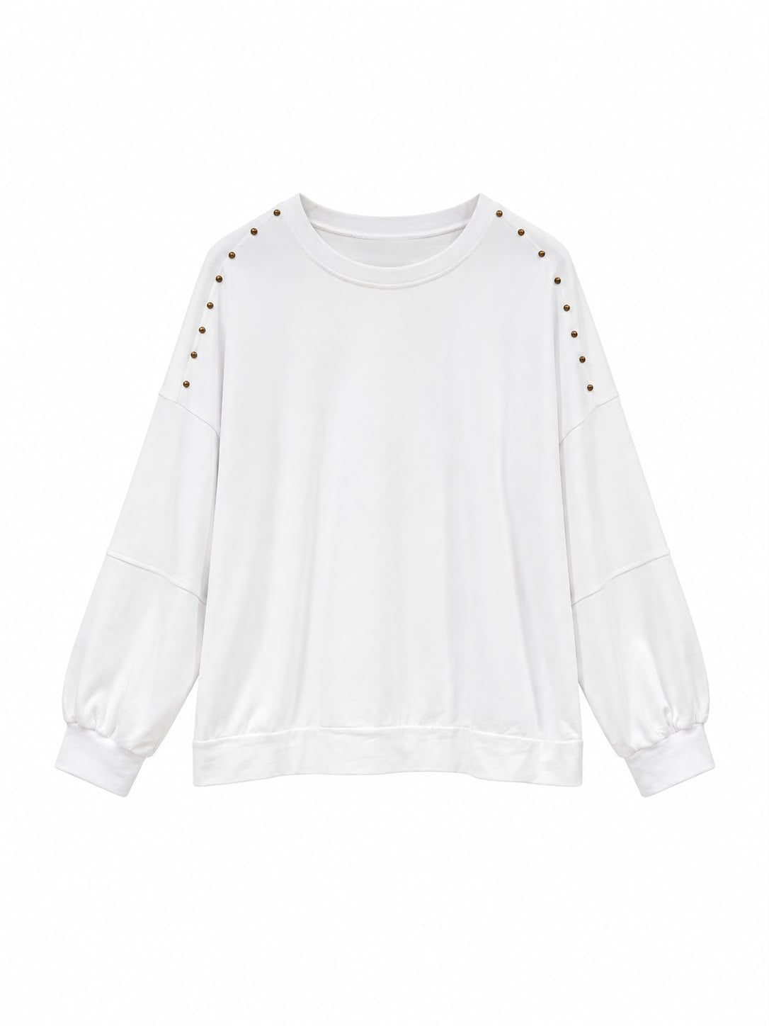 Sudadera de mujer blanca con cuello redondo y tachuelas doradas