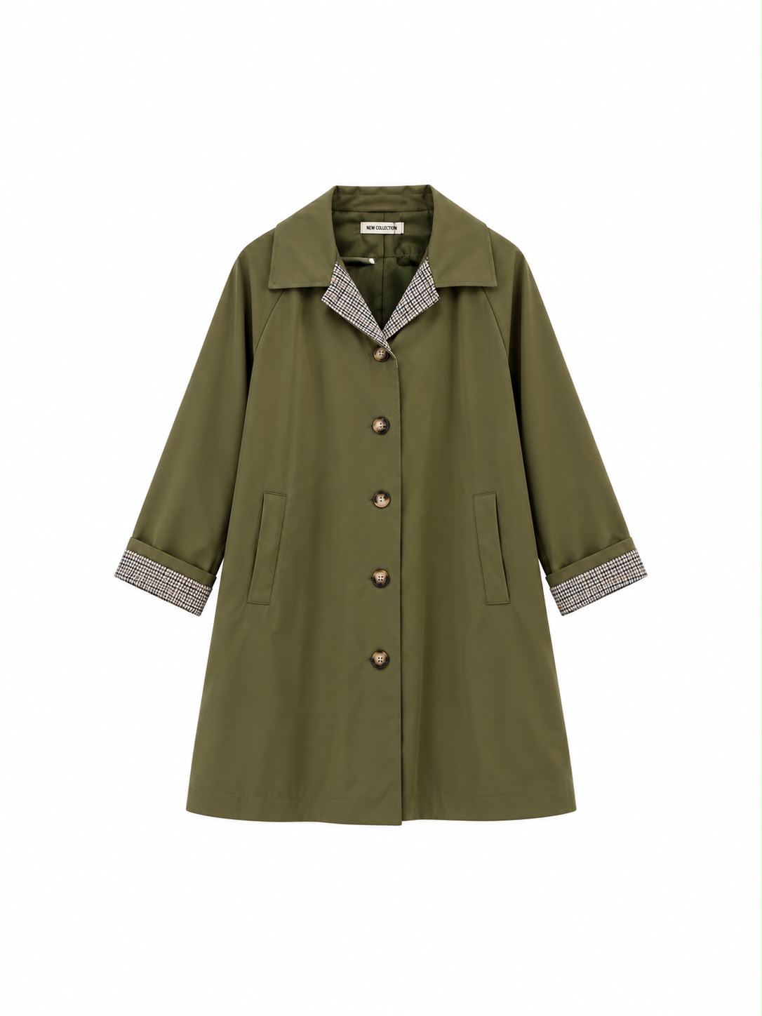Trench parka de mujer verde militar con forro de cuadros vichy