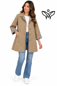 Trench gabardina beige de mujer con forro de cuadros vichy