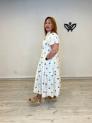 Vestido corte midi efecto lino en beige con palmeras