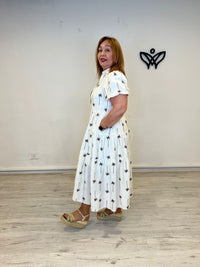 Vestido corte midi efecto lino en beige con palmeras