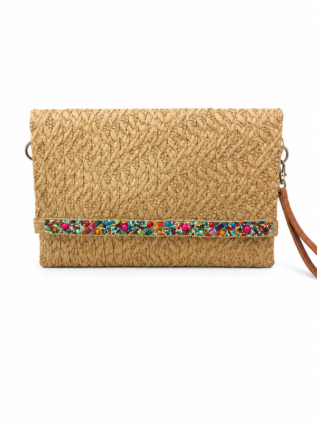 Bolso de rafia natural con detalle multicolor y doble asa