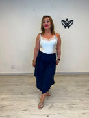 Pantalón efecto lino marino asimétrico fluido y fresco