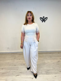 Camiseta algodón beige de mujer con encaje