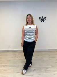 Top de punto fino de rayas blanco y negro