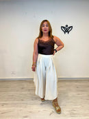 Pantalón efecto lino asimétrico beige con cintura elástica