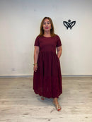 Vestido algodón burdeos con bordado inglés y bolsillos
