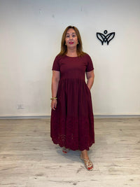 Vestido algodón burdeos con bordado inglés y bolsillos