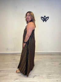 Vestido largo estampado étnico marrón y verde