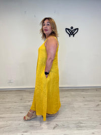 Vestido largo de lino con bolsillos amarillo
