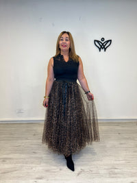 Falda midi de tul estampado animal print con lazo negro
