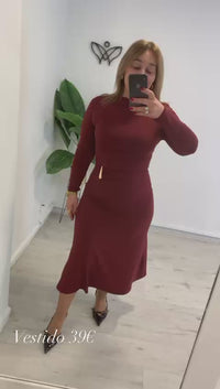 Vestido largo midi de licra de manga larga burdeos