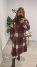 Abrigo lana de cuadros con solapas forado en  burdeos