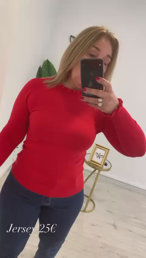 Jersey de punto cuello redondo con volantes discreto en rojo